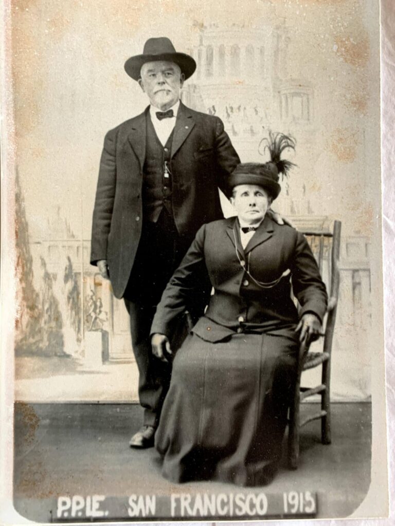 Sepia photo of Patrick and Margaret Connolly at Panama-Pacific Exposition in San Francisco, CA in 1915. 